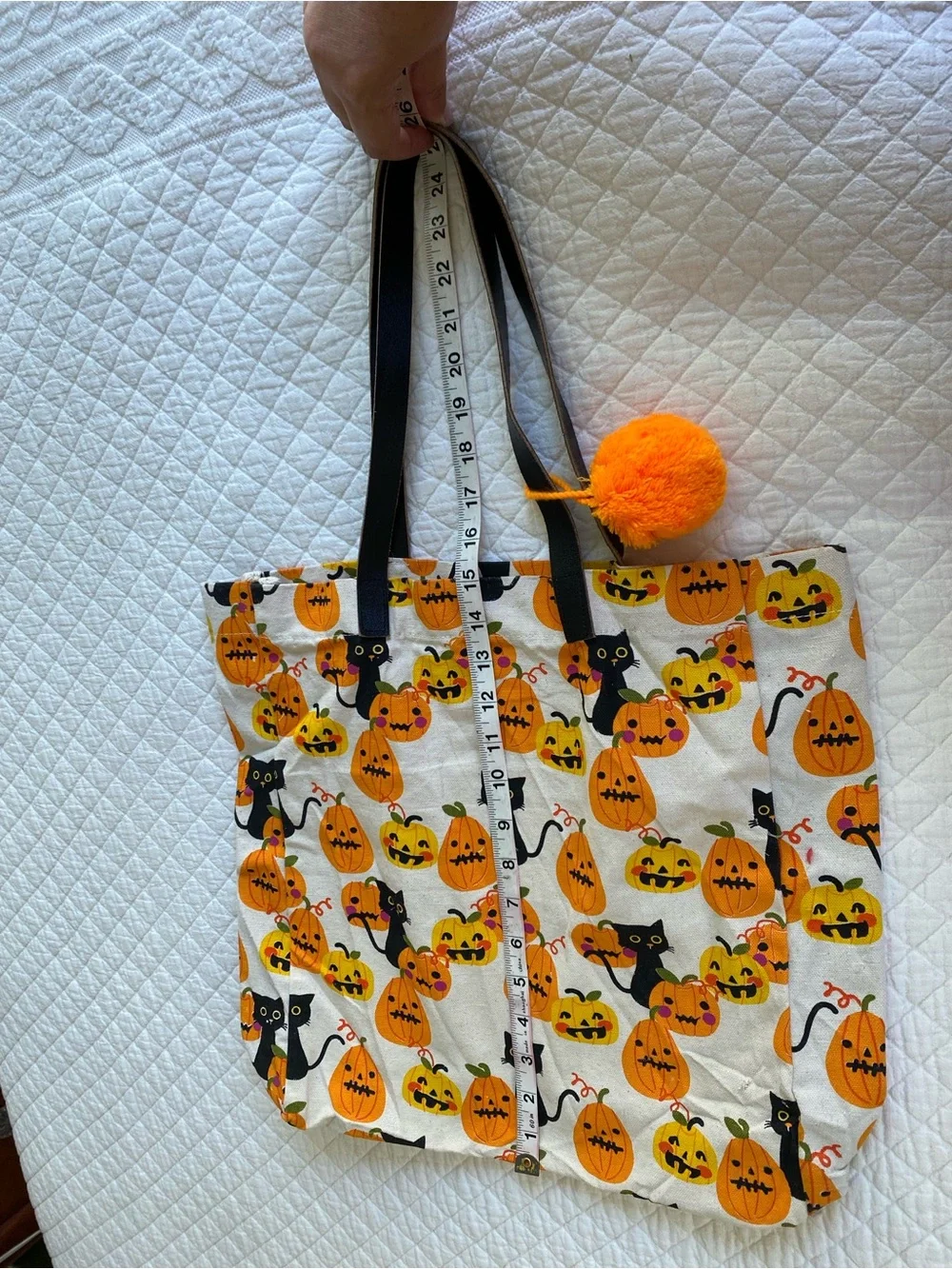 Eccolo Halloween Canvas Tote Bag Black Cat Jack O Lantern Pumpkin Pom Pom Kawaii